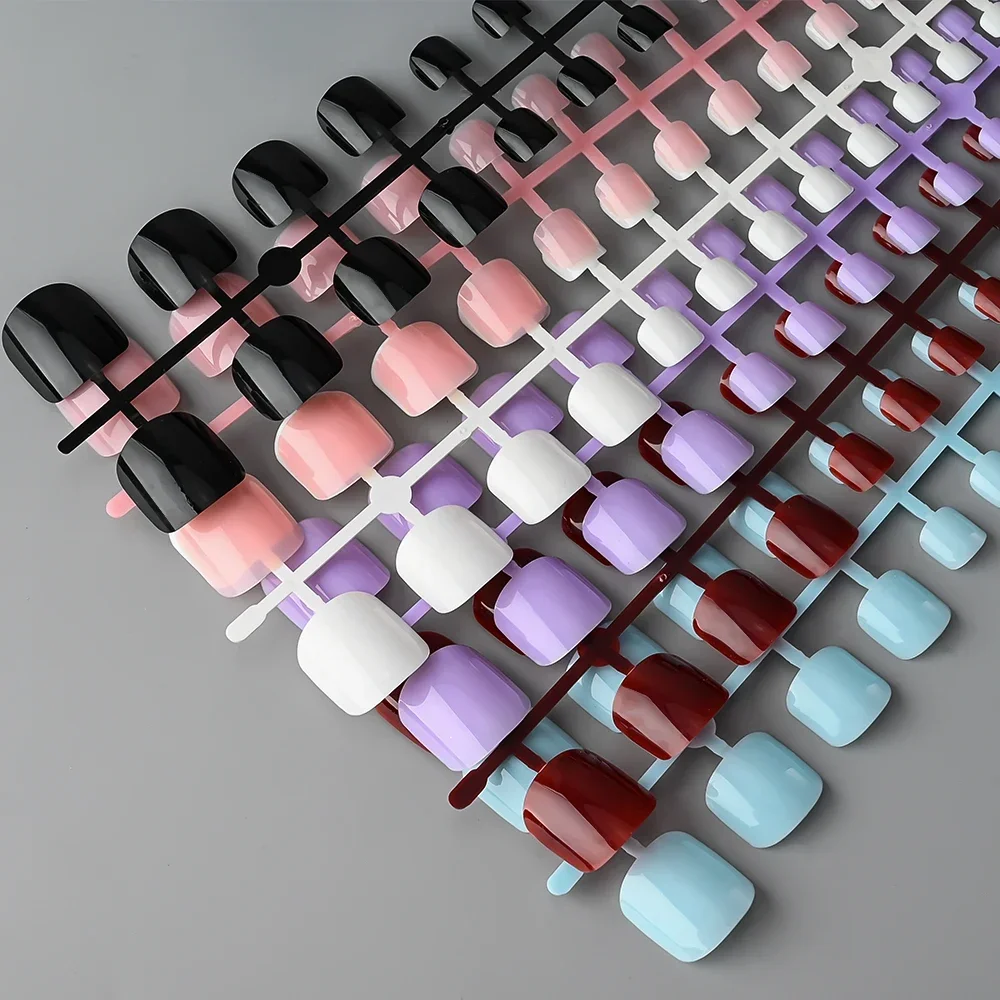 144pcs Mixed Color Short Square False Toe Nails Wine Red, Balck, White, Pink, Blue Press On Toenails Summer Glossy Fake Toe Tips
