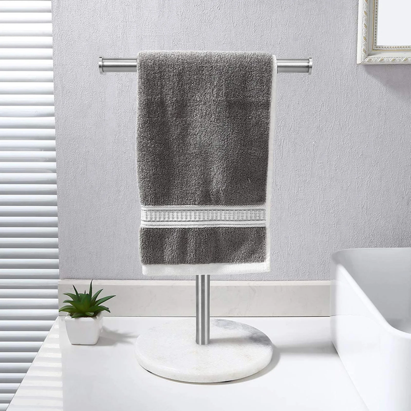 Stainless Steel Marble Standing Towel Rack Stable T-Shaped Bathroom Countertop Towel Holder Organizer T-Shaped Storage Rack