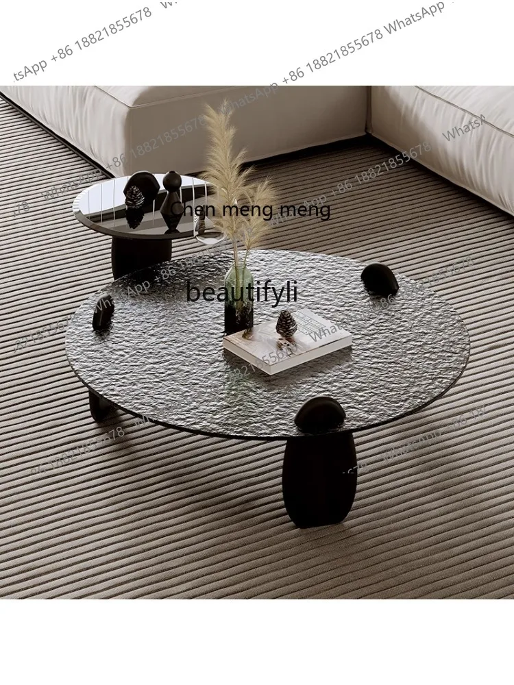 Italian Minimalist round Glass Tea Table Combination Modern Minimalist Living Room Small Apartment Tempered Water-Wave Glass