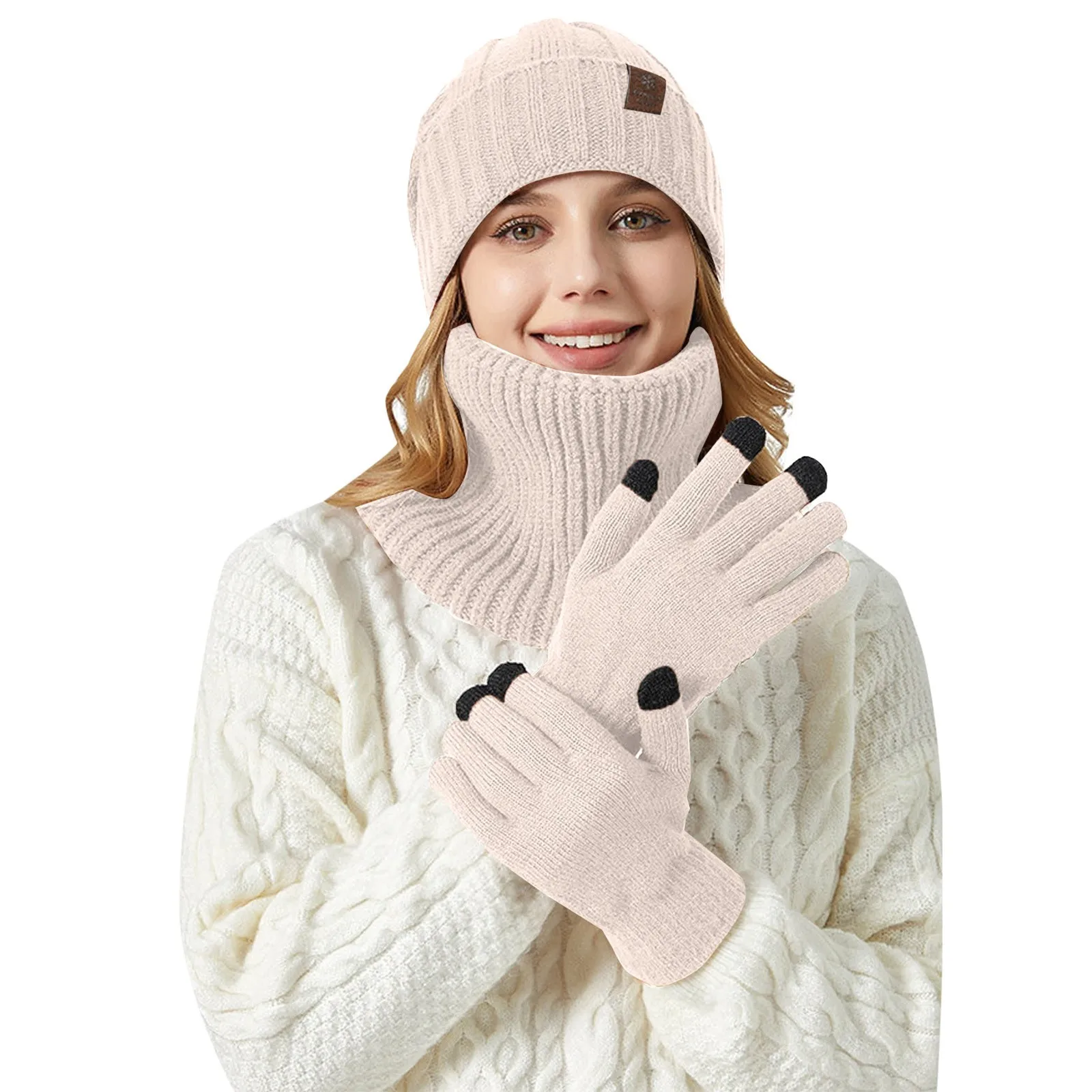 Set topi dan syal rajut, dua potong uniseks kepala besar cocok untuk musim dingin, topi hangat kepingan salju