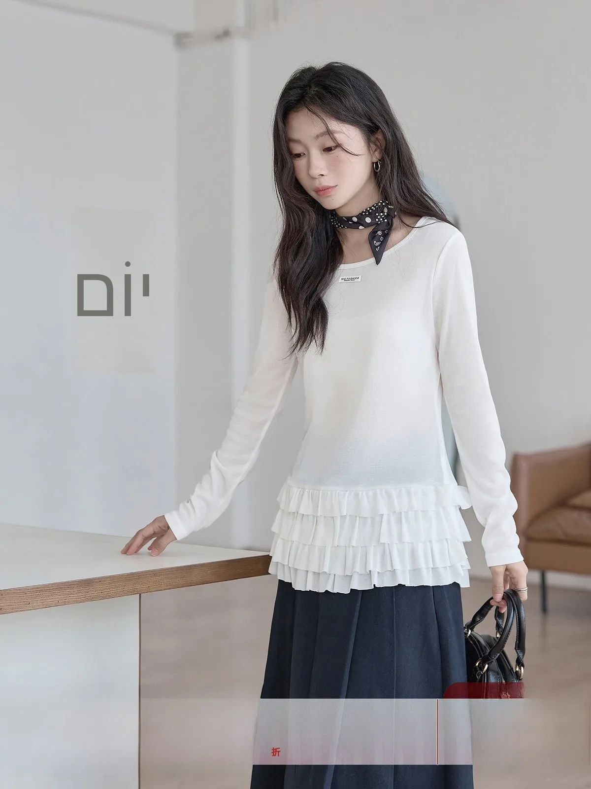 

Женская футболка HuiXi с круглым вырезом и длинным рукавом, весна 2026, новая модель, с рюшами и вставками, в корейском стиле, для повседневной носки