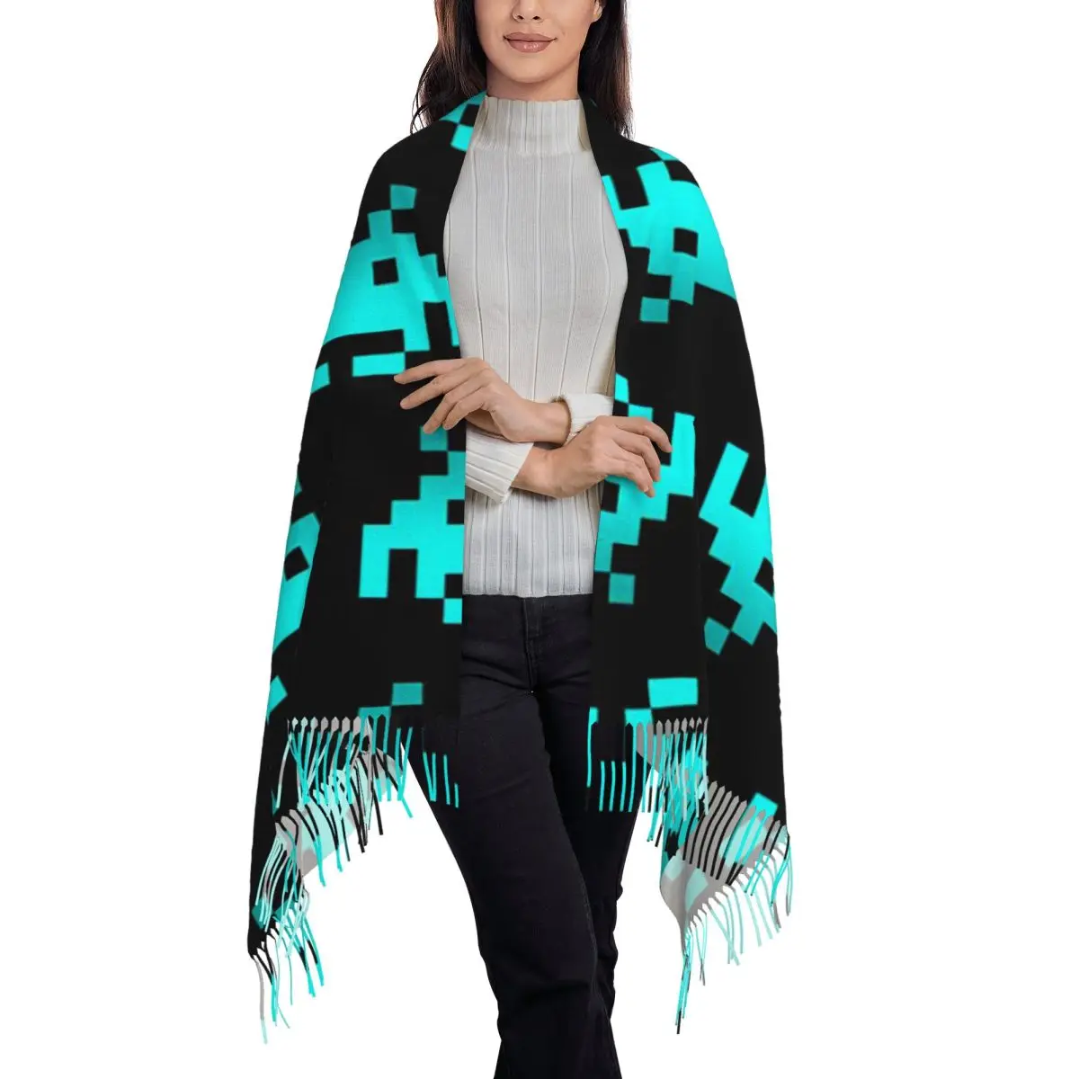 Retro Game Space Invaders Black Scarf Tassel Scarves Women Soft Warm Shawls and Wraps Large Fall Winter Shawl Wrap