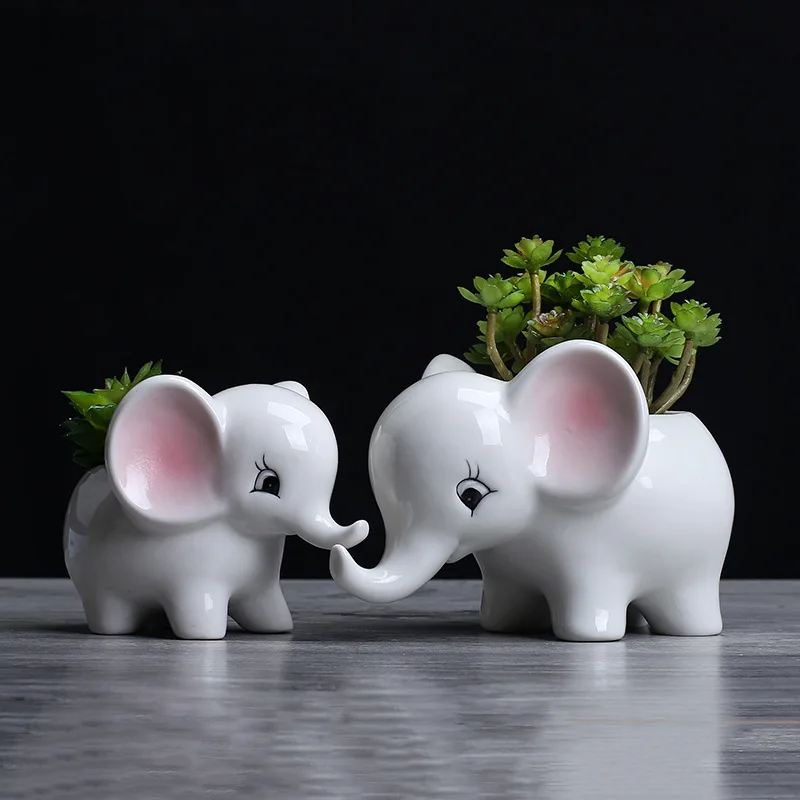 Creative Mother Baby Elephant Ceramic Flower Pot Succulent Planter Mini Cactus Bonsai Pot Desktop Home Office Decor Gift