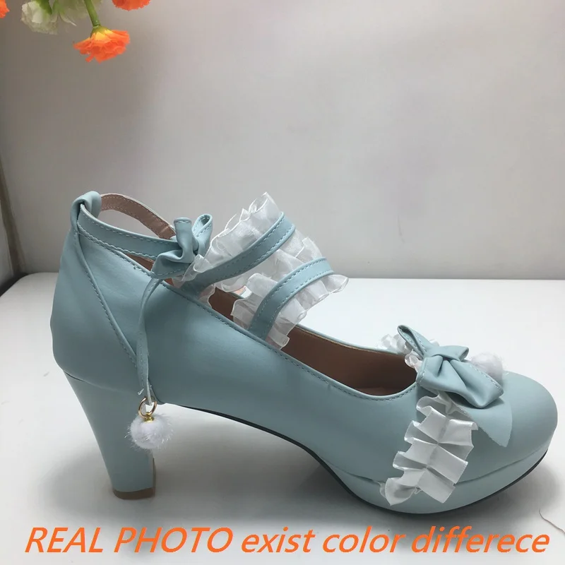 REAVE CAT Design Women Pumps Round Toe Ultrahigh Heel 9cm Buckle Strap Lace Bowknot Sweet Lolita Girls Shoes 44 45 46