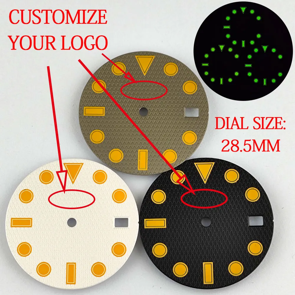 28.5mm sterile dial NH35 dial suitable for NH35 movement with green glowing dial and customizable personalized logo watch access