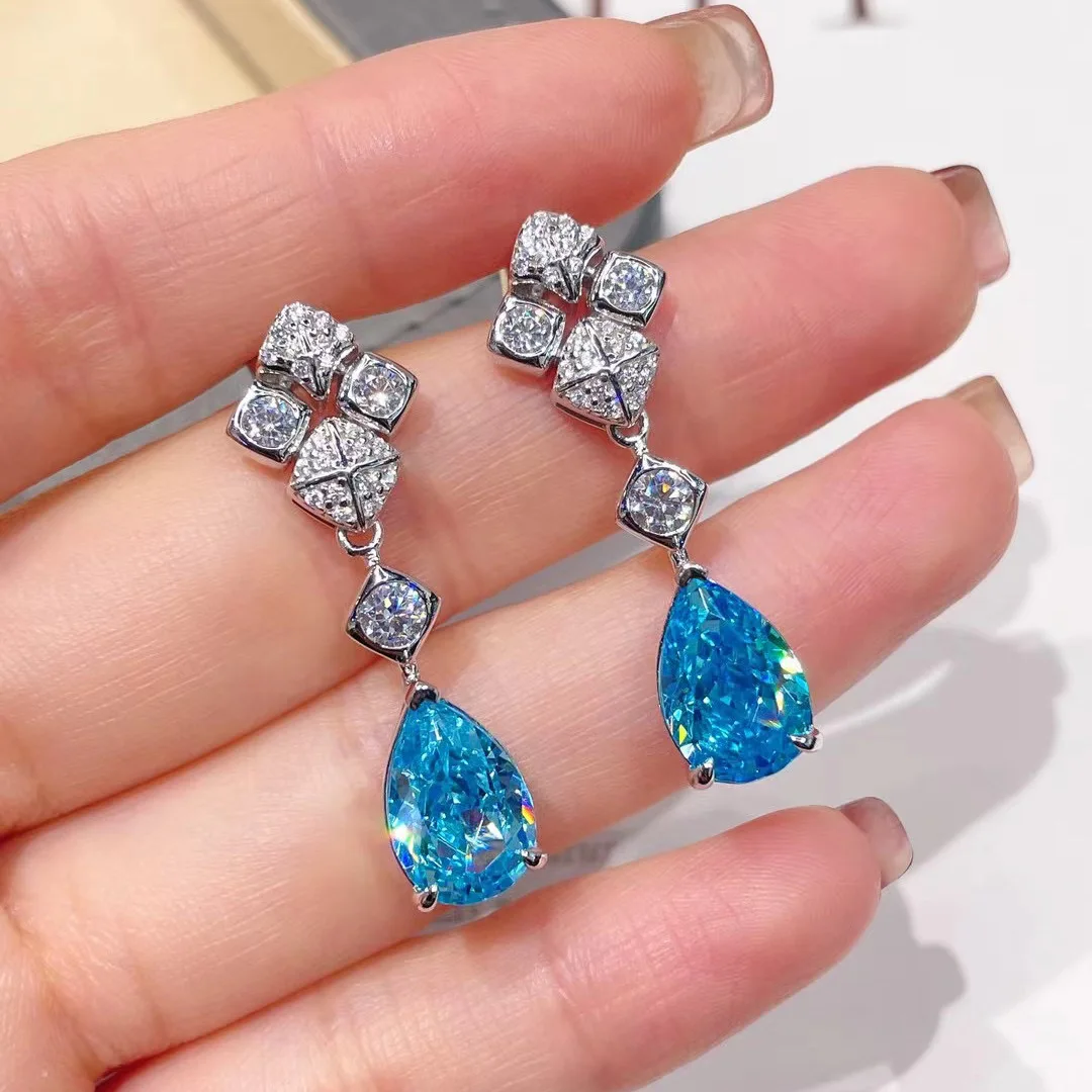 Long Style Design Silver Color Simulation Aquamarine Gemstone Earrings Women's Bride Wedding Fine Jewelry For Women Gifts