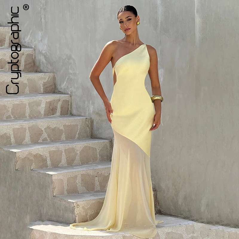 

Cryptographic Elegant Asymmetrical Sexy Backless Maxi Dress Birthday Party Club Outfits Women Bandage Sleeveless Dresses Mesh
