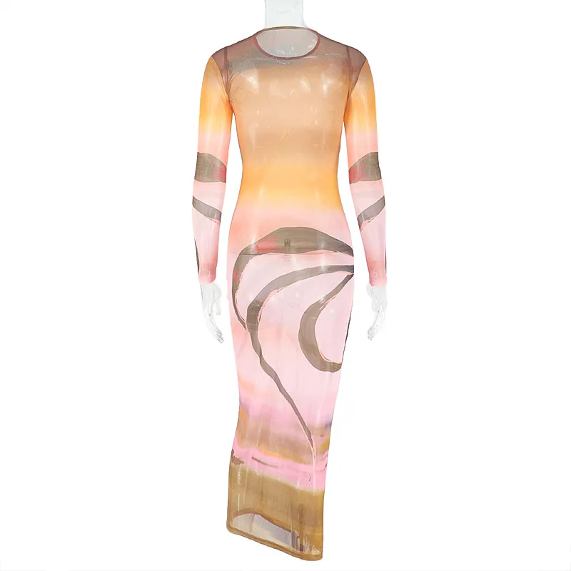 Print Mesh Maxi Dress Women See Through O Neck Full Sleeve Bodycon Night Clubwear Party Long Robe Holiday Cover Ups Streetwear
