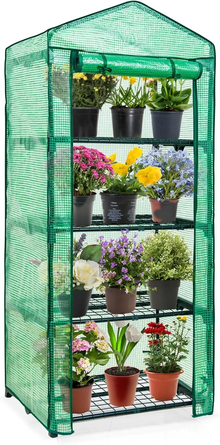 

4-Tier Mini Greenhouse Portable Green House with Shelves & Weather-Resistant PE Cover, Small Greenhouse for Seedlings
