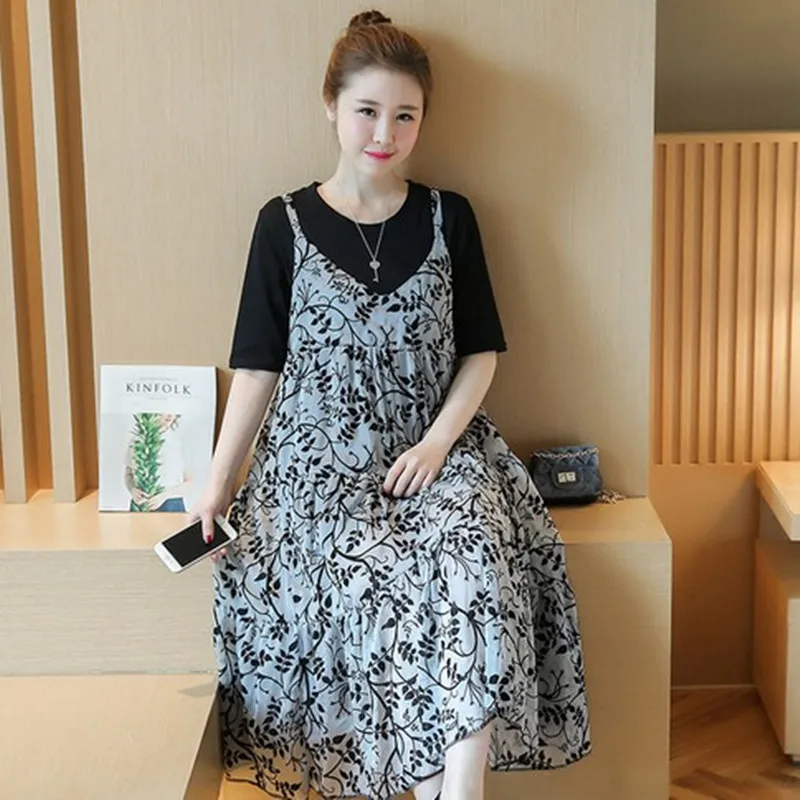 Fashion  Floral Chiffon Sling Dress Maternity Dresses Photography Props Vestidos Pregnancy Clothes T Shirt +Dress Sets