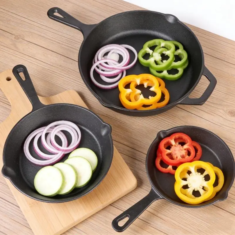 

Cast Iron Skillets 3Piece Set, Heavy-Duty Professional Restaurant Quality PreSeasoned Pan Cookware Set, 6", 8", 10" D2RD