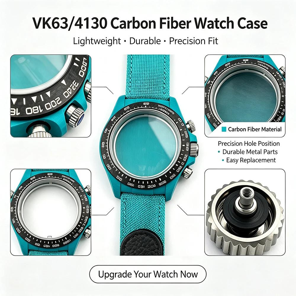 VK63/4130 Uhrengehäuse aus Kohlefaser, Chronographen-Uhrengehäuse, Ersatz, langlebig, kratzfest, Uhren-Mod-Gehäuse mit Nylonarmband