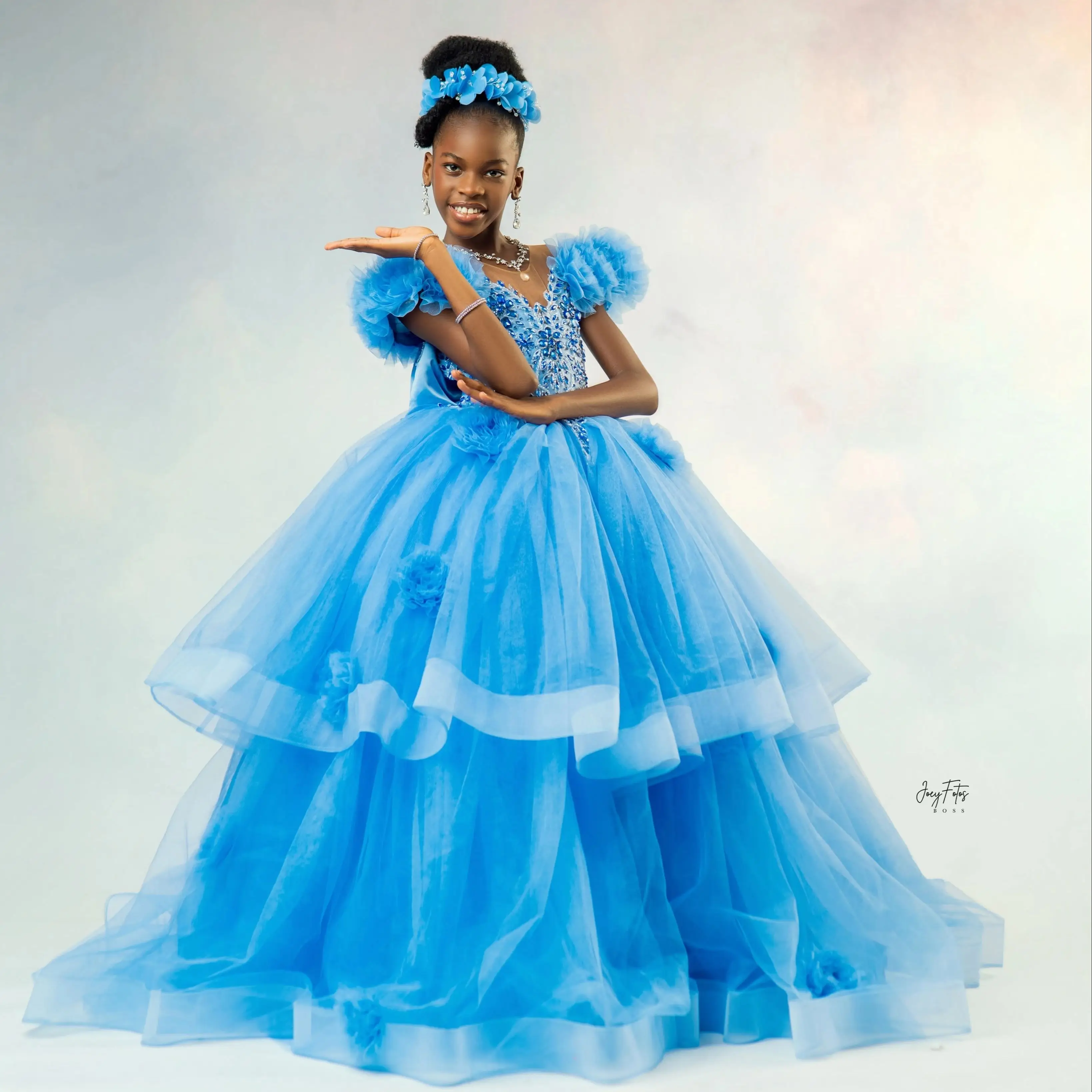 Sky Blue Princess Flower Girl Dress Ball Gown Customize Ruffles Crystal Little Girl Christmas Pageant Birthday Christening Dress