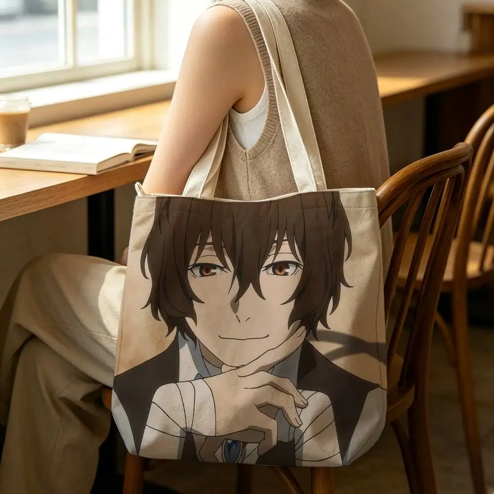 D-Dazai O-Osamu Anime B-Bungo Stray Dogs Tote Bag for Women Reusable Shopping Tote Bag Zippered Shoulder Bags Print