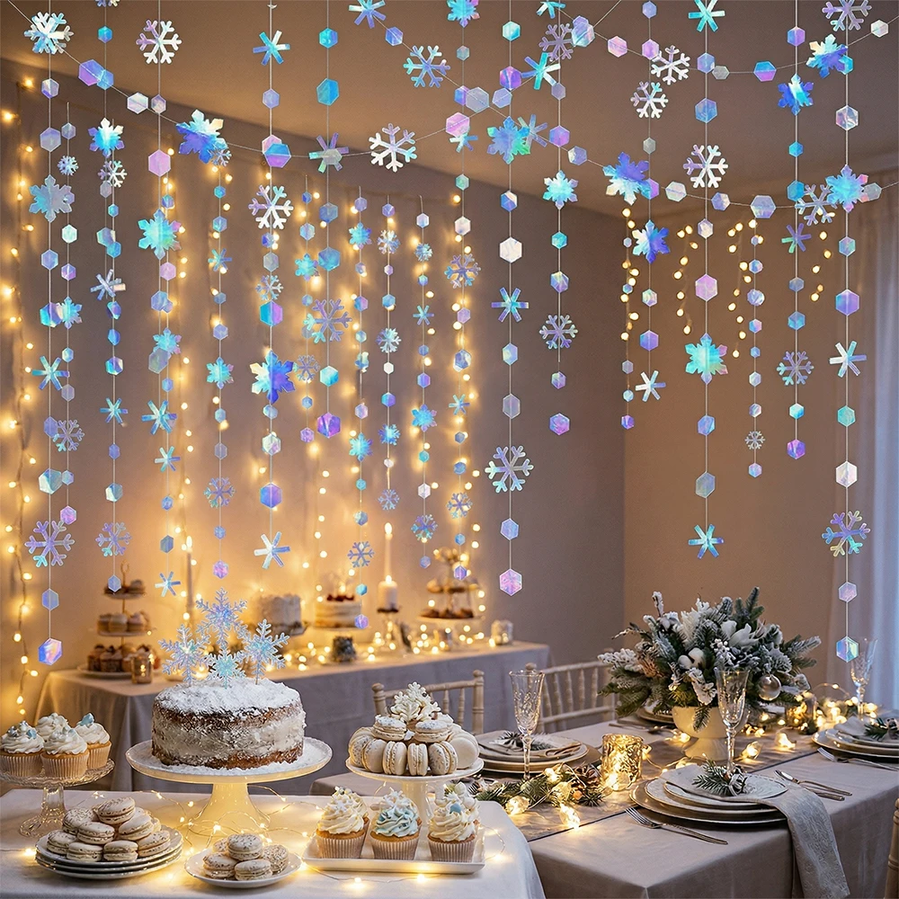 Guirlanda de Flocos de Neve Iridescentes 4/8/16M, Decoração de Casamento em Papel Holográfico, Lembrancinhas para Festa de Aniversário Frozen