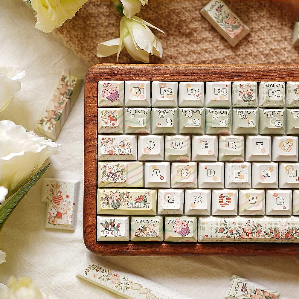 Imagem -05 - Coelho Retro Cartoon Keycap Flor Literária Bonito Arco de Melancia Verão Banxia Cherry Kca Keycap Faça Você Mesmo 140 Chaves