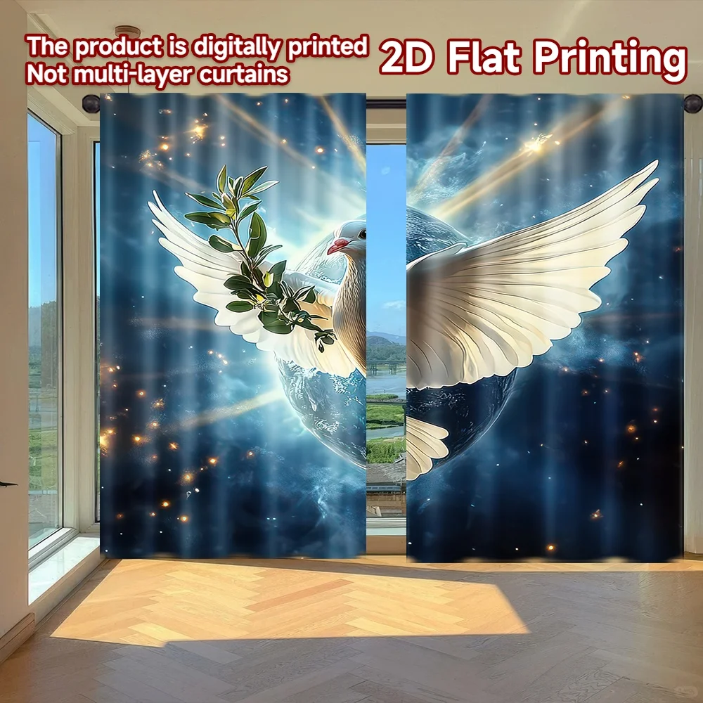 

2D flat printing 2pcs Window Curtains International Day of Peace Dove and Earth Digital Printed Polyester Drapes Party