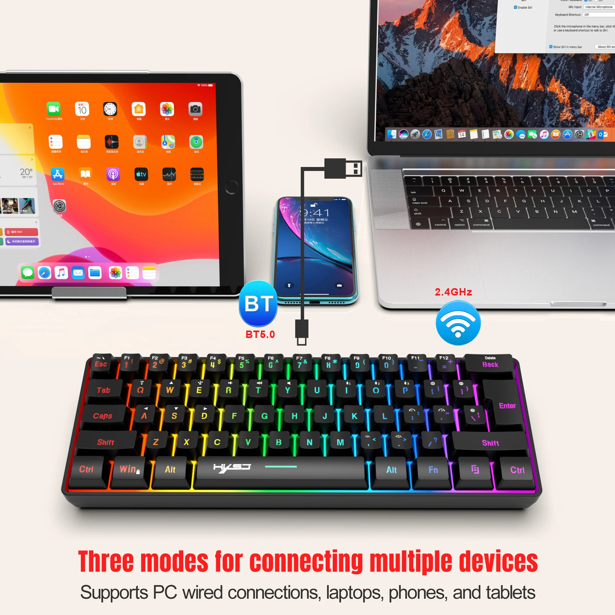 HXSJ L500 트라이 모드 유선 무선 게임용 키보드 60% RGB 백라이트 모드 게임 플레이어에 적합한 61 키 멤브레인 키보드