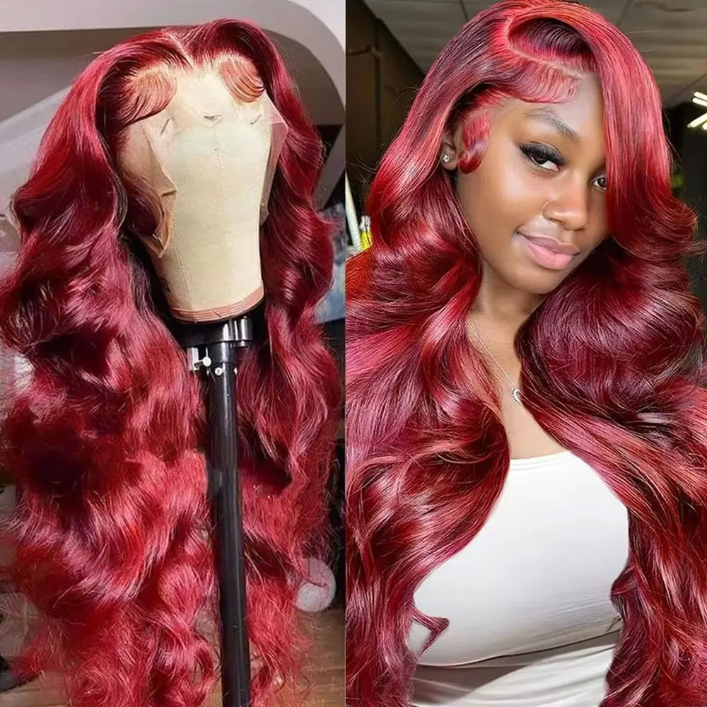 30–34 Inch 99J Burgundy Body Wave Human Hair Wigs Brazilian 13x6 HD Transparent Lace Frontal Wig Wet and Wavy Lace Front 100% Human Hair Wig