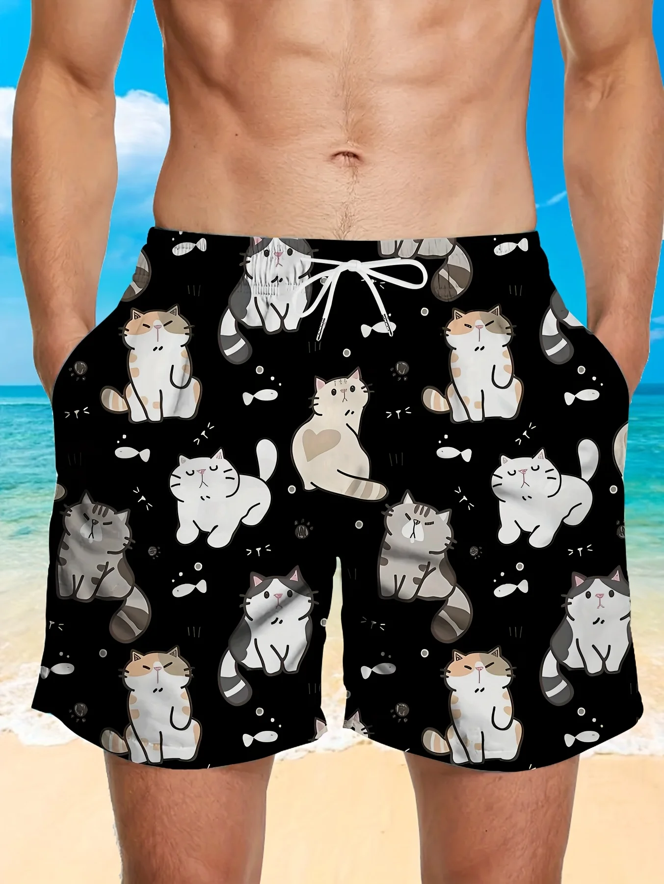 

Мужские стильные быстросохнущие шорты для плавания с карманами, повседневные пляжные плавки с завязками на талии и принтом кота, модная уличная одежда