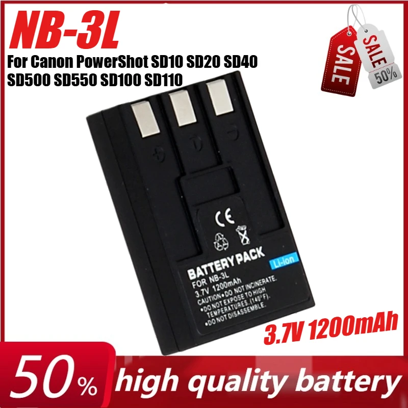 

3.7V 1200mAh NB-3L Camera Battery for Canon PowerShot SD10 SD20 SD40 SD500 SD550 SD100 SD110, IXUS IIs II Camera + Charger