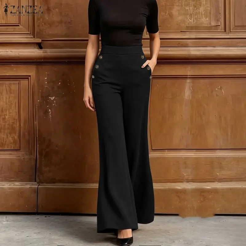 Fashion ZANZEA Summer Autumn Women Pants Solid Buttons Flare Pants OL Work Party Long Trousers Bottoms Streetwear Plus Size