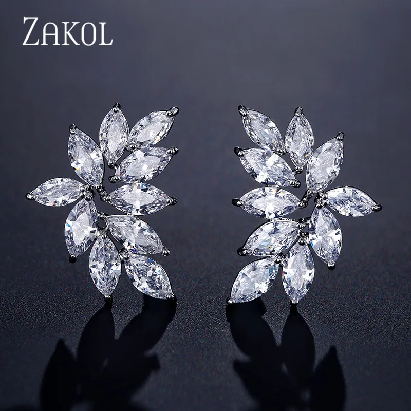 ZAKOL Fashion Leaf Cubic Zircon Stud Earrings for Women Shinny Sliver Color Crystal Flower Earring Jewelry Gift Brinco EP2233