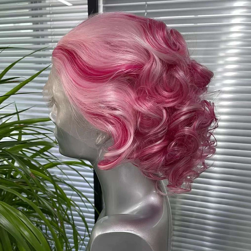 Oley Synthetic Monroe Lace Front Wig 13x4 Heat Resistant Glueless Wig For Women 180 Density 12 Inches 2 Tone Pink Cosplay Wigs