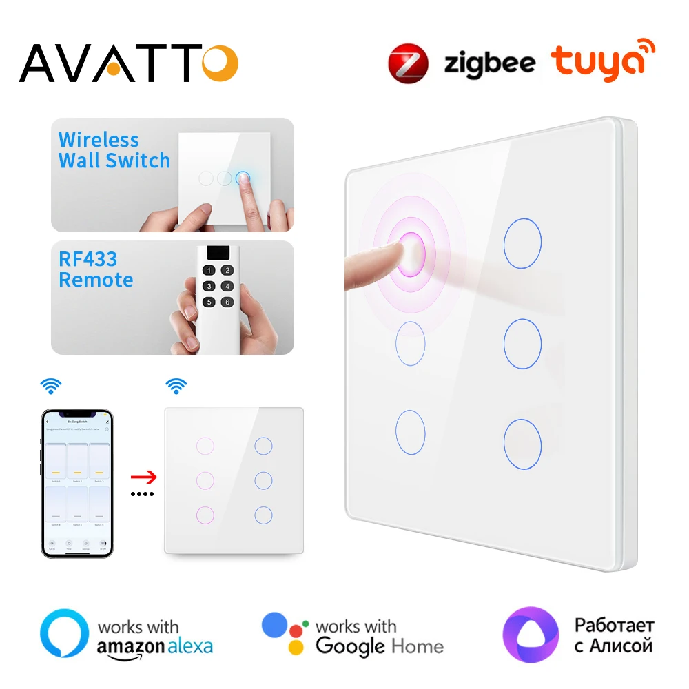 AVATTO Tuya Zigbee Smart Switch Brazil Standard 4x4 Luxury Glass Panel Touch-Sensor 6 Gang Wall Switch For Alexa Google Home