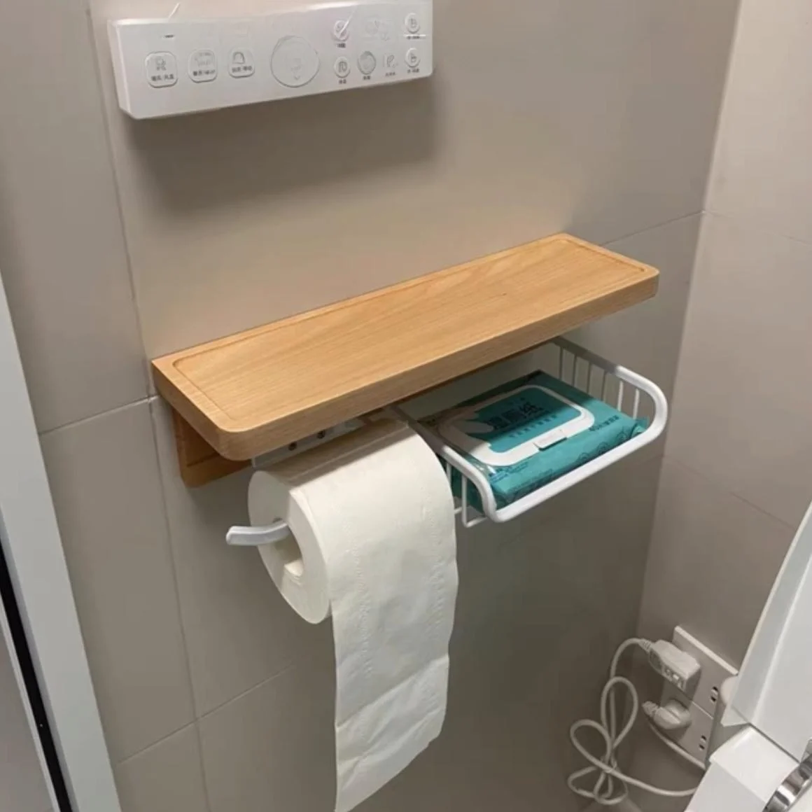 

Wood Toilet Paper Holder Batoom Multi-Functional Wall Mounted Storage Ra No Drilling Required Paper Roll Organizer