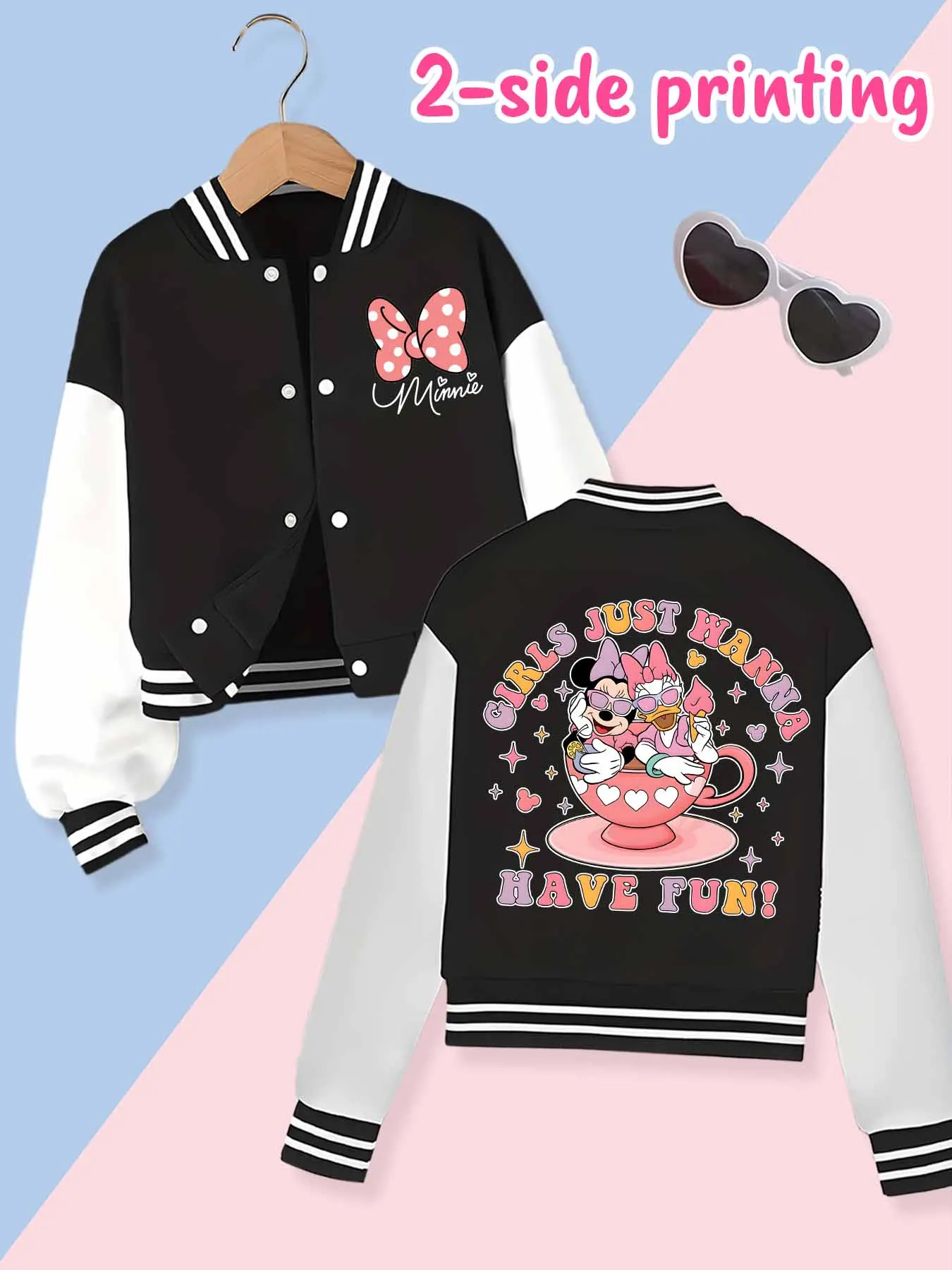 Chaqueta de béisbol de tendencia de moda de Disney, adecuada para deportes diarios y ropa casual, estampada con lindo patrón de Minnie, bonito regalo.