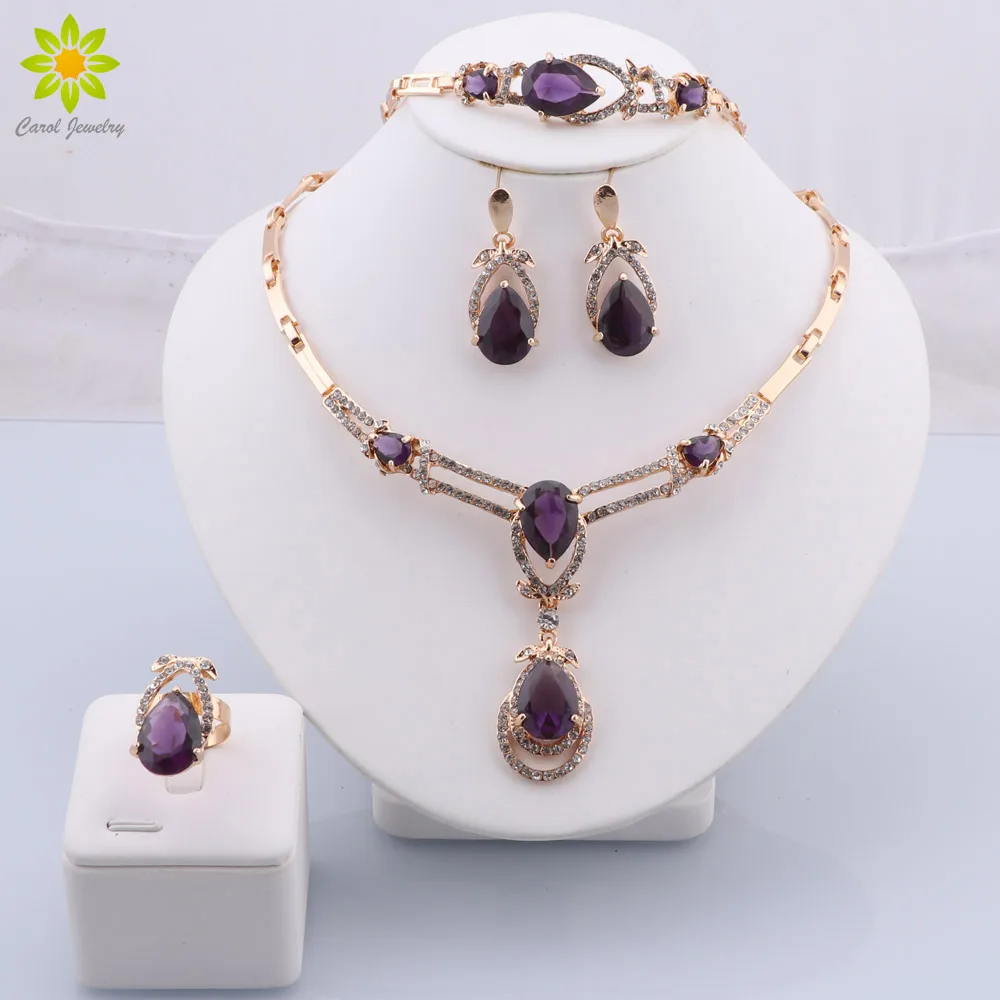 

Purple Water Drop Cubic Zirconia Necklace Earrings Bracelet Ring Fashion Wedding Jewelry Sets Crystal Pendant Bridal Set