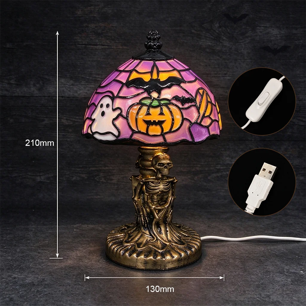 Halloween Resin Painted Pumpkin Table Lamp USB Powered Vintage Handcrafted Witch Hat Pumpkin Lamp for Spooky Party Decoration