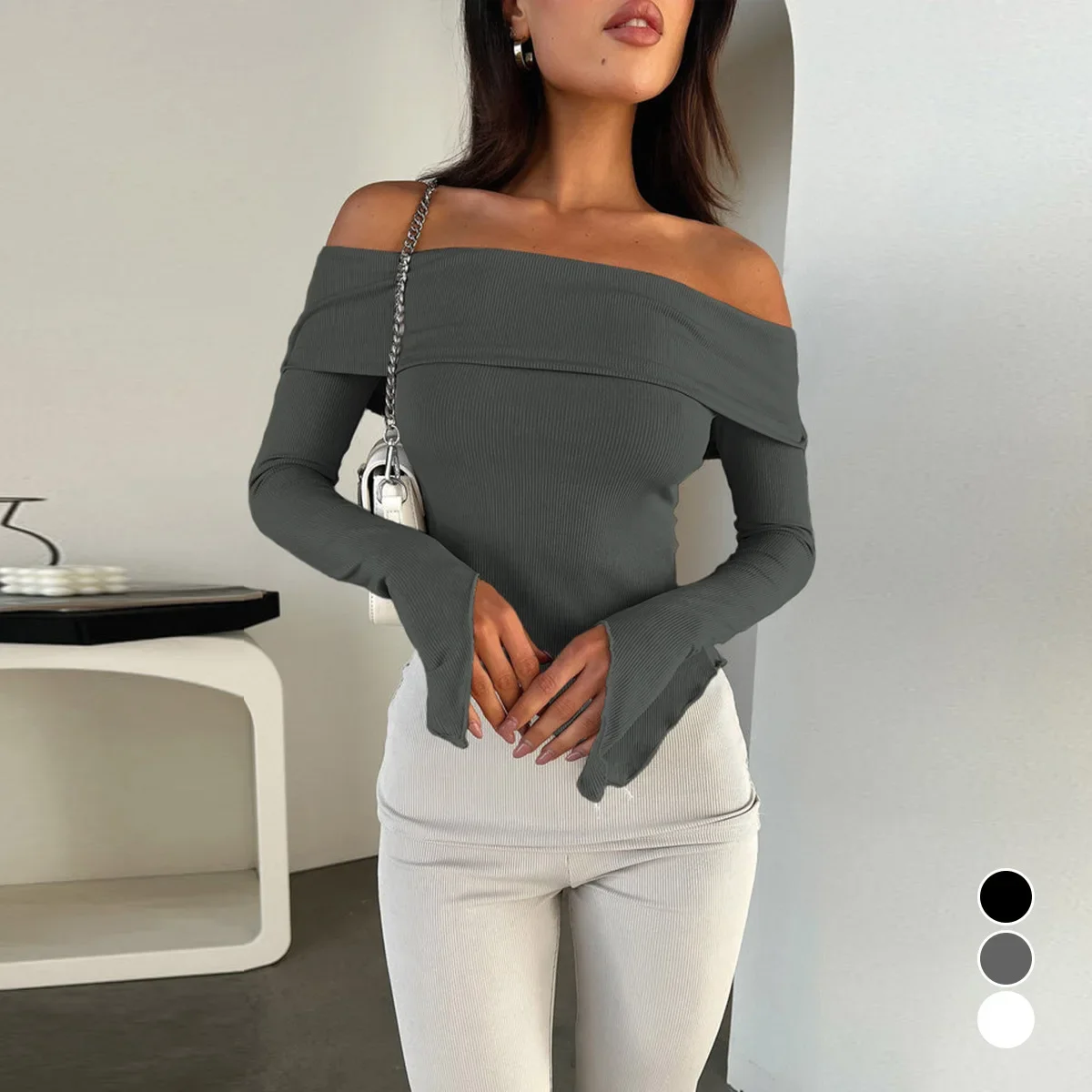 

Sexy Off The Shoulder Oblique Hem Rib Knitted T Shirt Women Long Sleeves Bottoming Shirt Ladies Tee Shirt Tops Camisetas Mujer