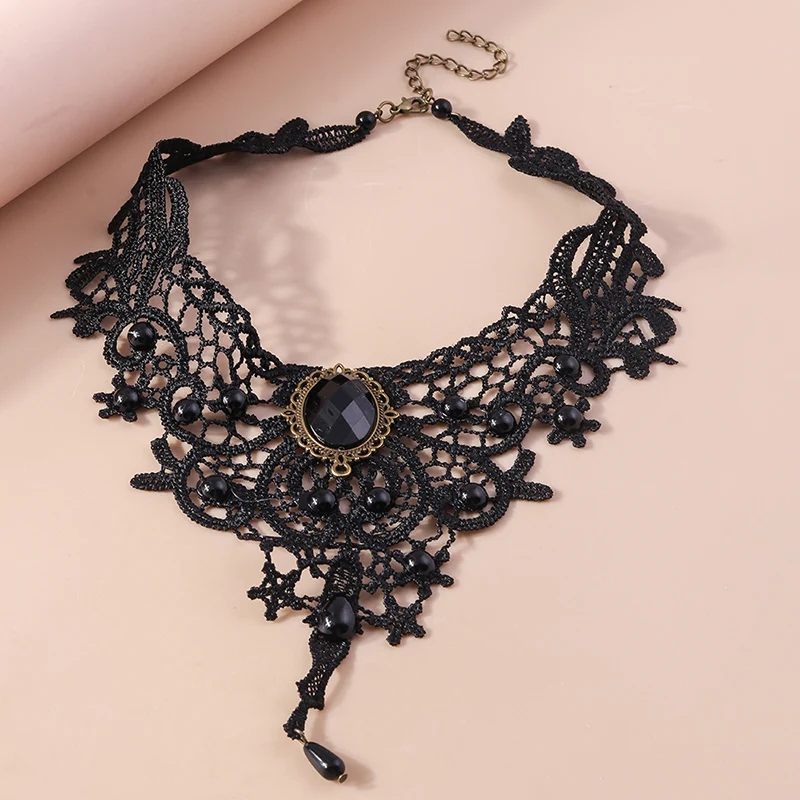 Gothic Victorian Black Lace Necklace for Women Water Drop Sexy Lace Choker Necklace Steampunk Collar Vintage Statement Jewelry
