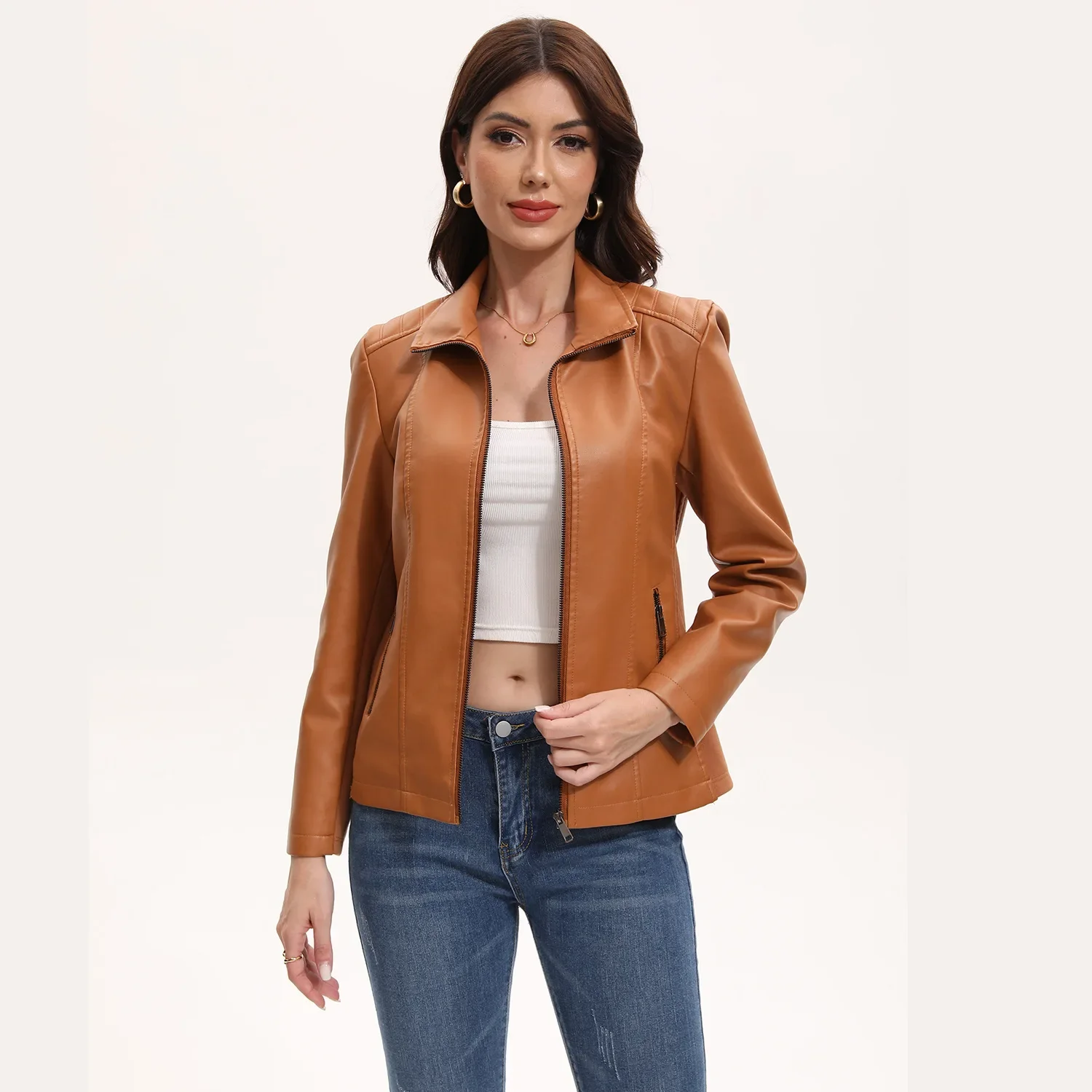 

Womens Leather Jacket Cropped Top Solid Color Lapel Collar Zipper Pockets Versatile Winter Coat Spliced Design Fly Detail