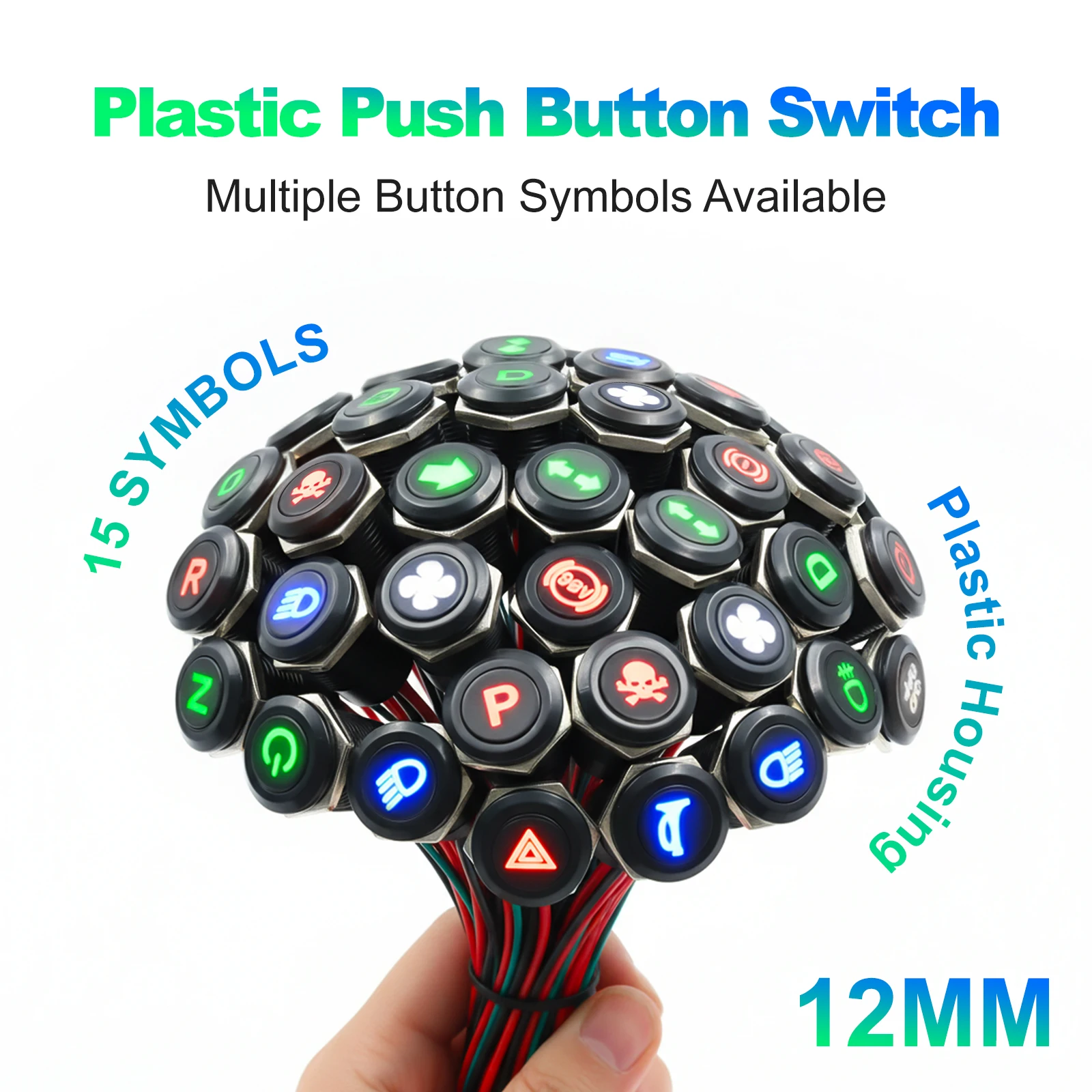 FILN 12mm Pre-wired Plastic Push Button Switch IP65 Waterproof 12V 24V LED Symbol Momentary Switch for Car Boat