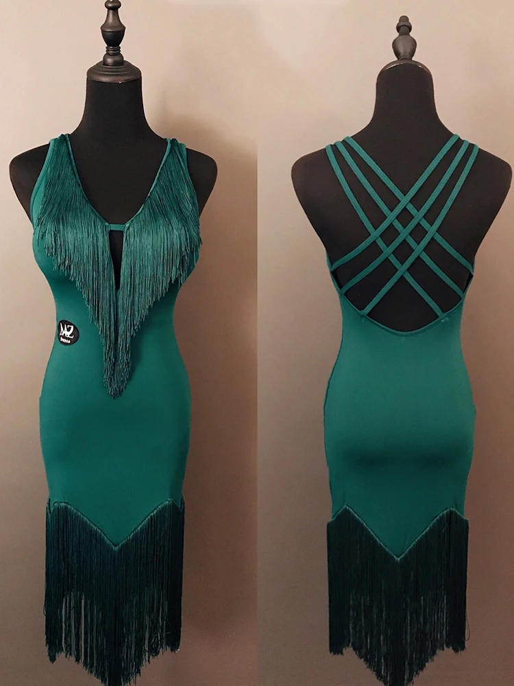 Abiti latini sexy per adulti Donne Samba Cha Cha Costume da spettacolo di danza Estate Abito con frange senza schienale Abbigliamento da competizione VBH1981