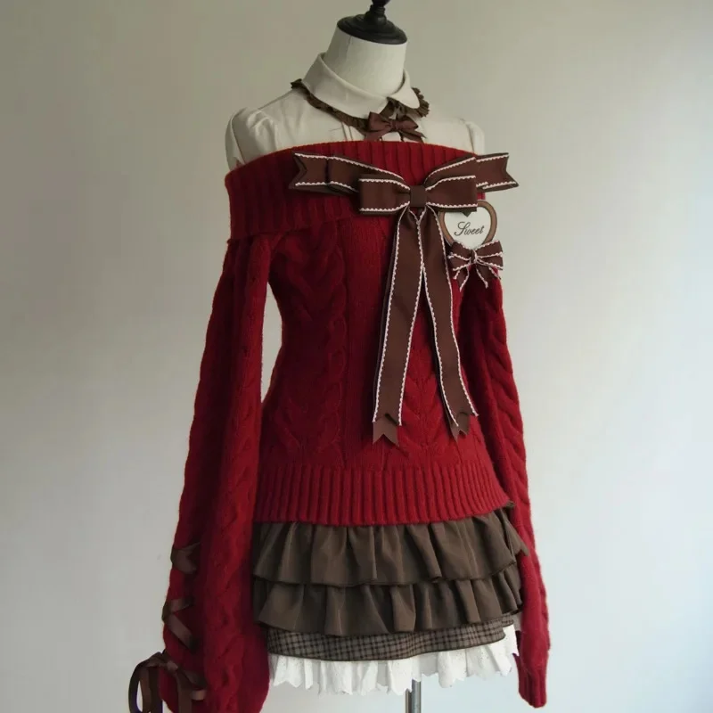 خمر القوس متماسكة Y2K سترة المرأة الحلو خارج الكتف البلوز الوردي الأحمر تريكو لطيف الخريف الشتاء الزي مجموعة لينة أعلى جديد