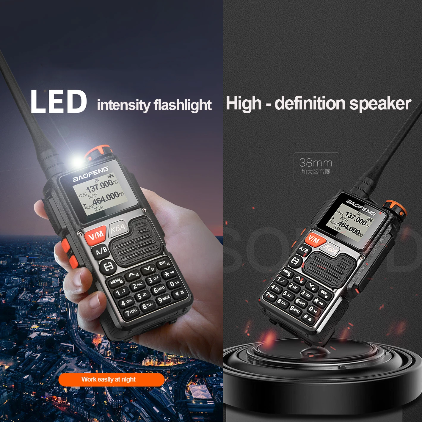 1 قطعة BAOFENG K6A جهاز اتصال لاسلكي محمول AM/FM فرقة الطيران وظيفة عداد التردد ، بطارية طويلة الأمد TYPE-C