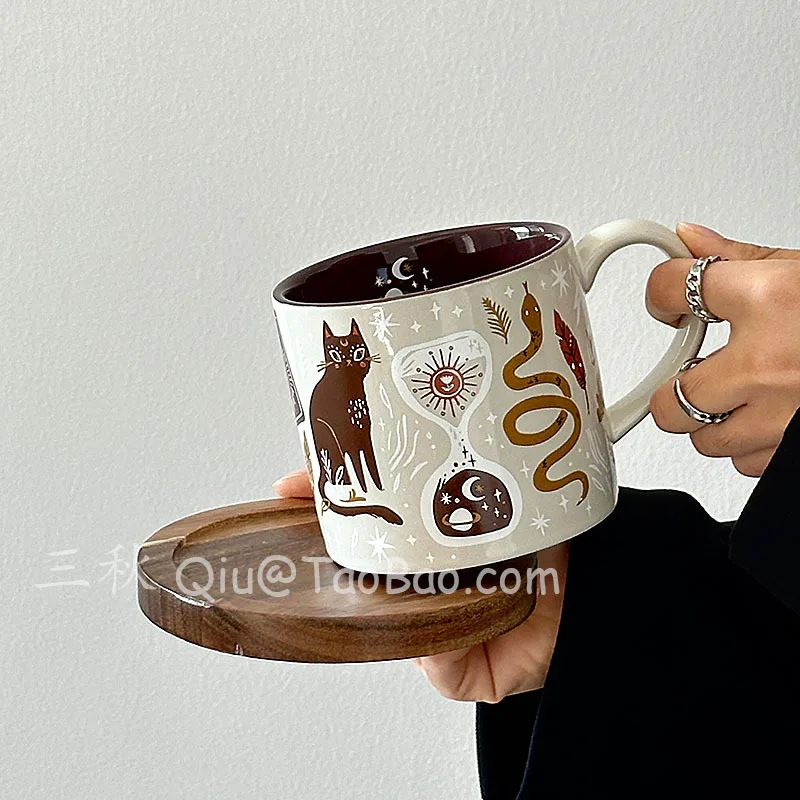 New French Retro Magic Forest Cat Ceramic Mark Water Cup Coffee Milk Mug Niche Birthday Gift  Tazas De Ceramica Creativas
