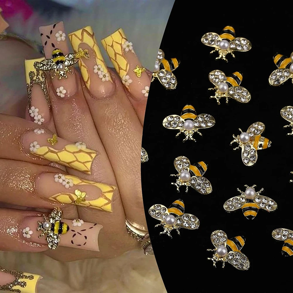 50個ミックス小さな蜂ネイルアートチャーム樹脂漫画デイジーフラワーネイルジェム3Dゴールド合金蜂デイジーひまわりラインストーンDIY