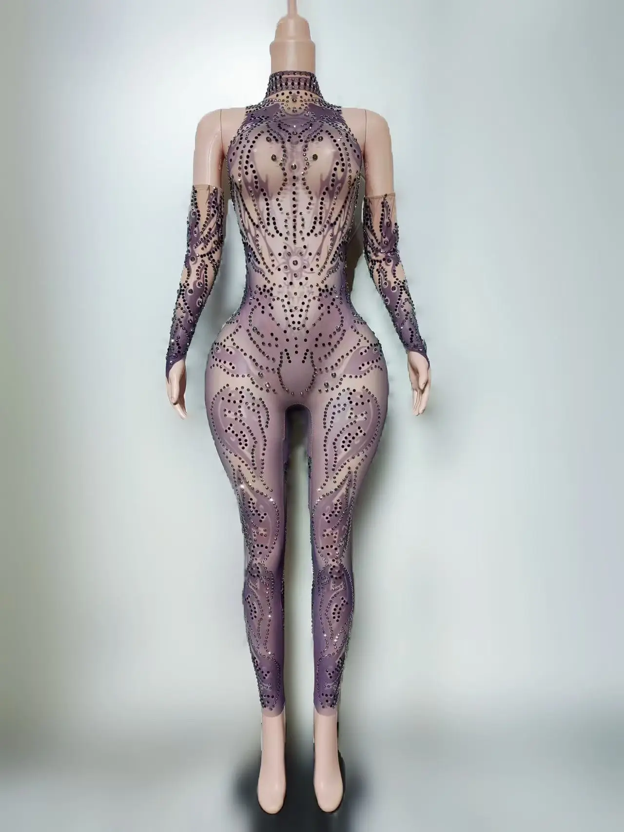 Xiaoemo 2025 بذلة نسائية مثيرة بمنظور شبكي أحمر نمط سراويل ضيقة ملهى ليلي نادي راقصة أداء فستان الحفلات #5