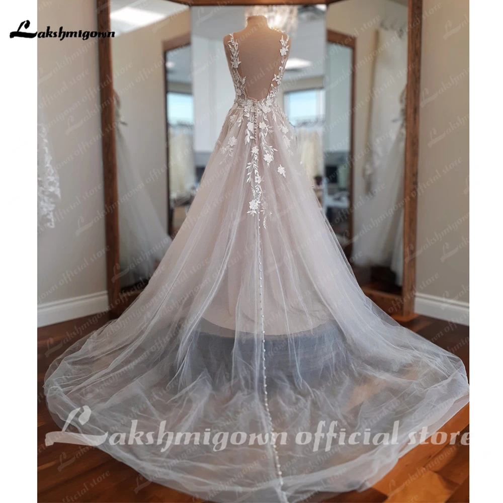 Yanshmigown-Robe de mariée à col en V pour femme, Blush, Champagne, Une ligne, Dentelle, Fleurs, Mariage, Quelle que soit la robe, Éducatif, 138