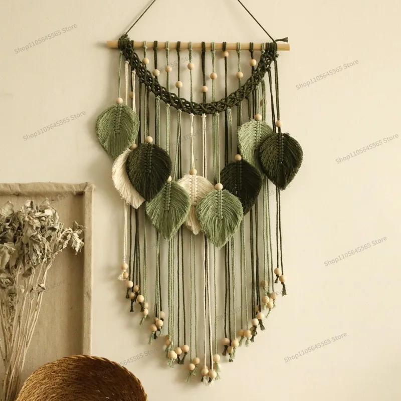 For handmade cotton thread colored tassel woven wood beads leaf tapestry simple home bedroom decoration