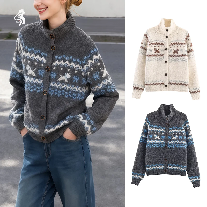 

Womens Knitted Cardigan With Stand Collar Jacquard Long Sleeves Suitable For Autumn Winter And Everyday Wear Trafizaran