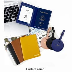 Soporte de pasaporte de viaje con nombre personalizado, juego de Etiquetas de equipaje, iniciales personalizadas gratis, etiqueta de maleta redonda, cubierta de pasaporte Ticekt