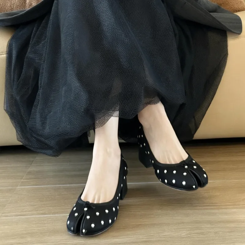 新しい厚いヒール水玉模様のつま先の靴春と夏の靴バレエスタイルメリージェーン浅い靴女性-5-センチメートル-2-センチメートルソールヒール