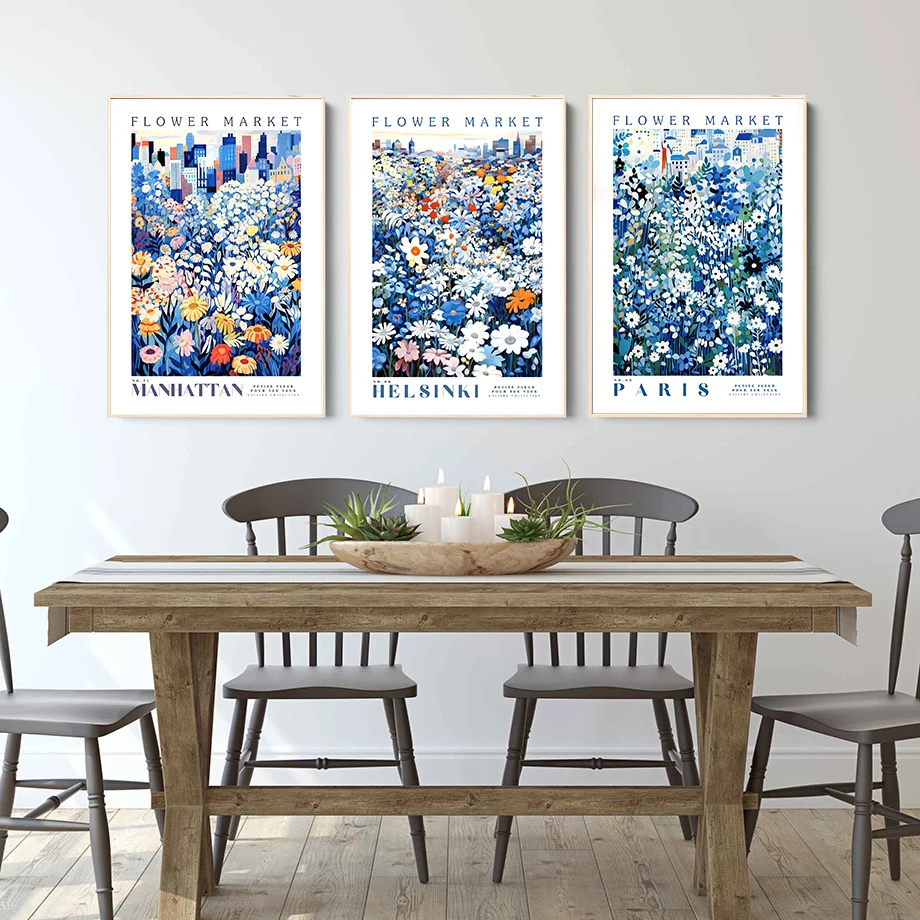 Blue Botanical Blue Floral Art Flower Market Travel Art Large Modern Posters Wall Art Canvas Home Living Room Decor
