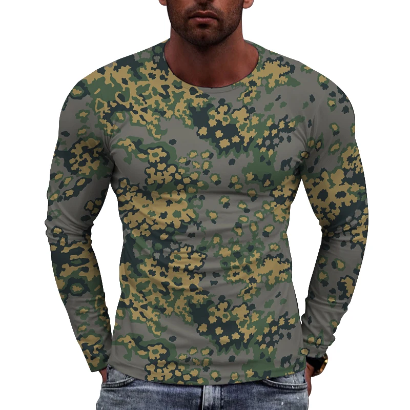 New European Camouflage Picture  Men long sleeved T-shirt Casual Printed Tees Hip-hop Personality Round Neck Quick-Dry Tops